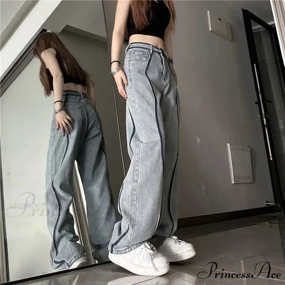 Tall Waisted Baggy Straight Denim Trousers pants-241228
