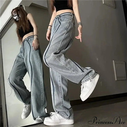 Tall Waisted Baggy Straight Denim Trousers pants-241228