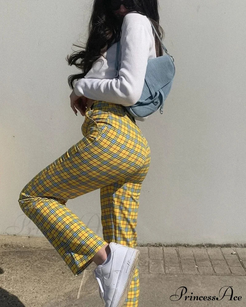 Tall-Waisted Slimming Informal Plaid Fashion Pant YELLOW CHECK / S pant-250223