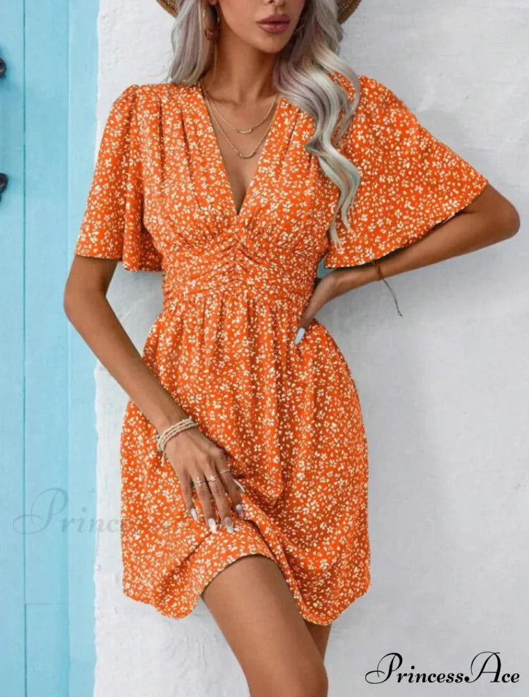 Tall Waisted V-neck Ruffled Floral Dress Orange / S oldfloraldress-250126