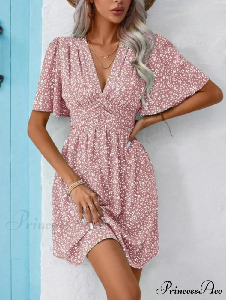 Tall Waisted V-neck Ruffled Floral Dress Pink / S oldfloraldress-250126