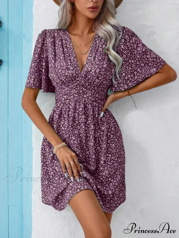 Tall Waisted V-neck Ruffled Floral Dress Purple / S oldfloraldress-250126