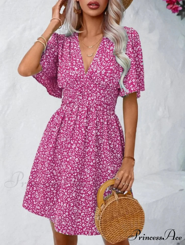 Tall Waisted V-neck Ruffled Floral Dress Rose red / S oldfloraldress-250126