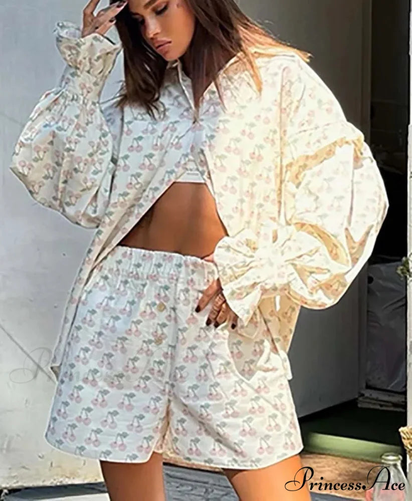Tan Pattern Collar Knee-Length Shorts Work Two Piece Set Beige / S officetwopieceset-250223
