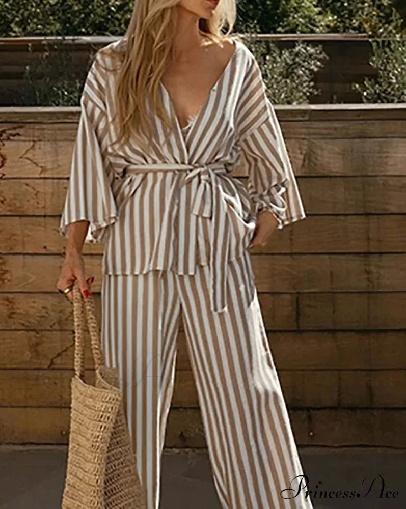 Tan Pattern V-Neck Cinch Pants Workplace Two Piece Set officetwopieceset-250223