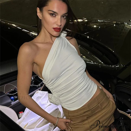 Tank Slanted Drawstring Spice Top Shoulder with Girl Waist White / S