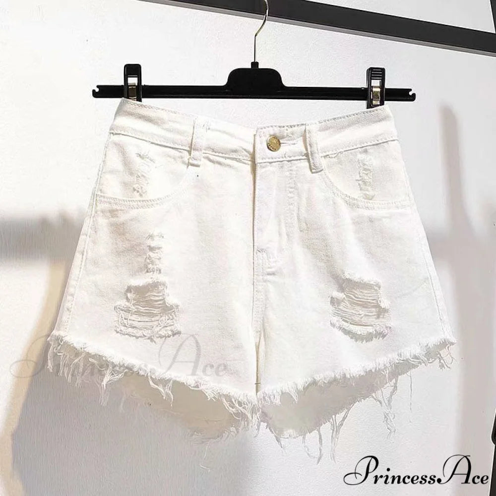 Tassel Detail Shorts Waist High and Denim with for Pockets Women 524White / S 42kg- 47kg