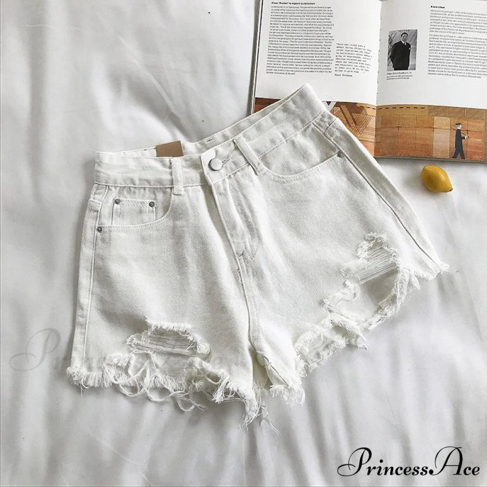 Tassel Detail Shorts Waist High and Denim with for Pockets Women White / S 42kg- 47kg