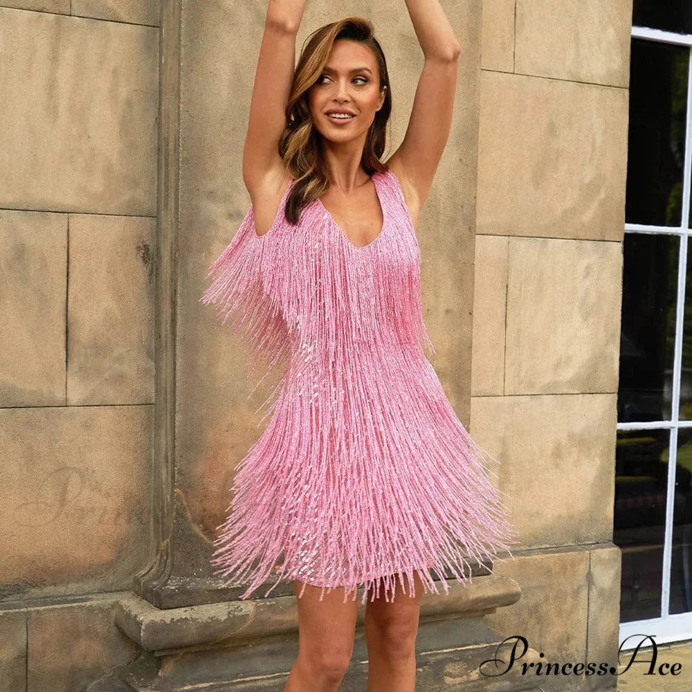 Tassel Sequins White Mini Dress Pink / S