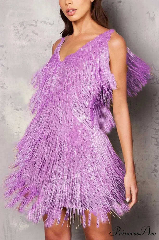 Tassel Sequins White Mini Dress PURPLE / S