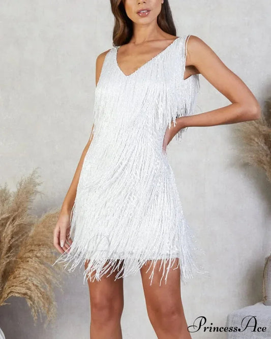 Tassel Sequins White Mini Dress White / S