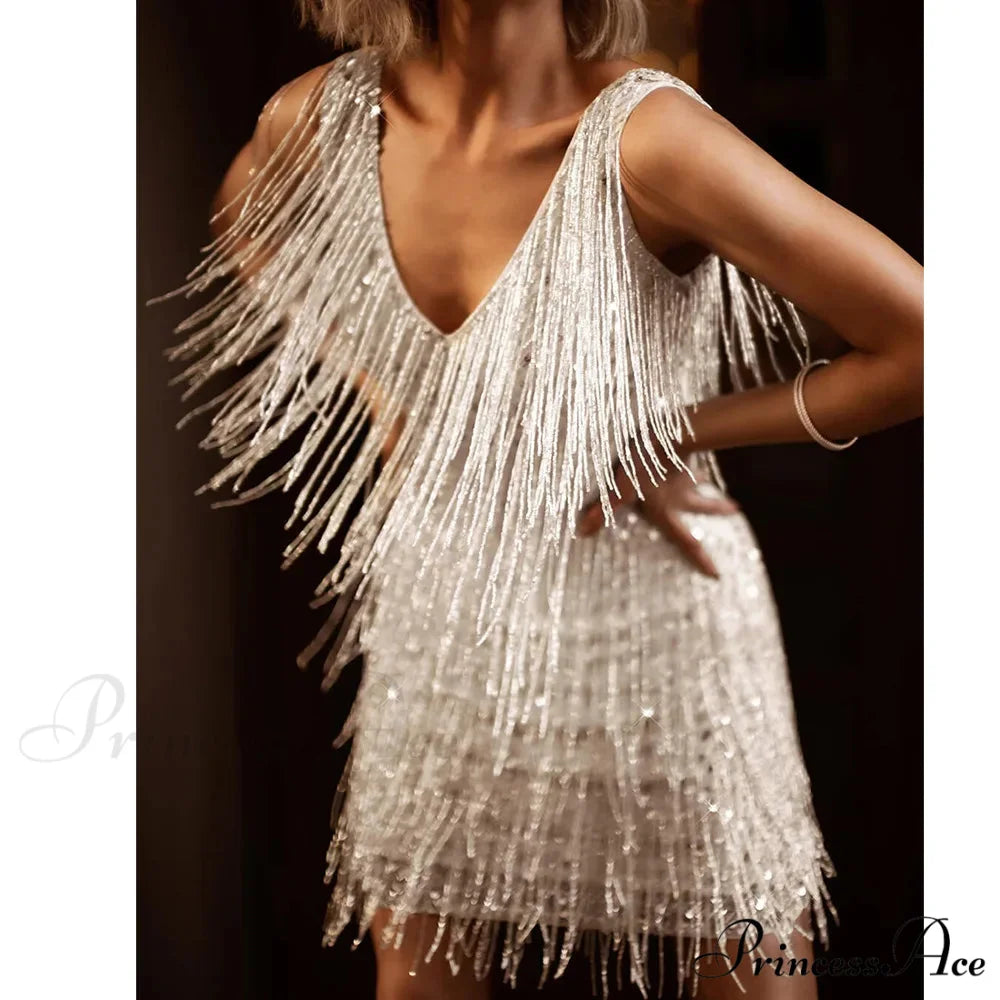 Tassel Sequins White Mini Dress Silver / S