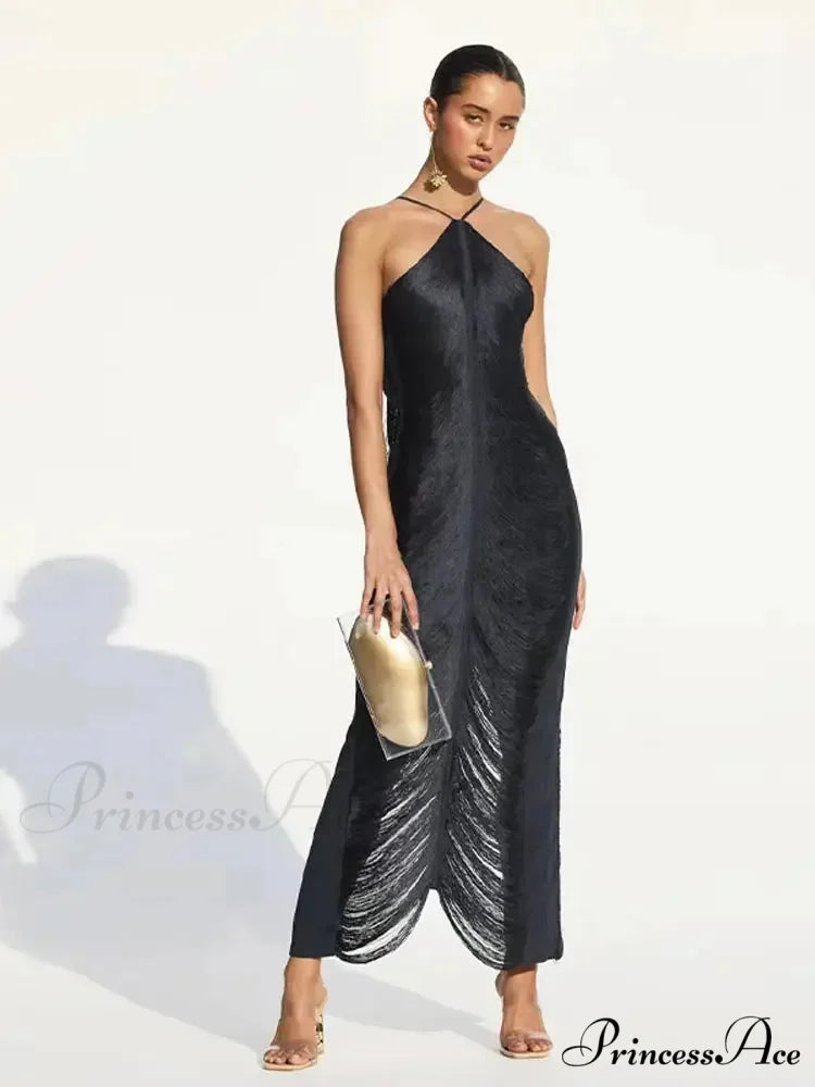 Tassel Shinny Halter Off Shoulder Party Dress Black / S