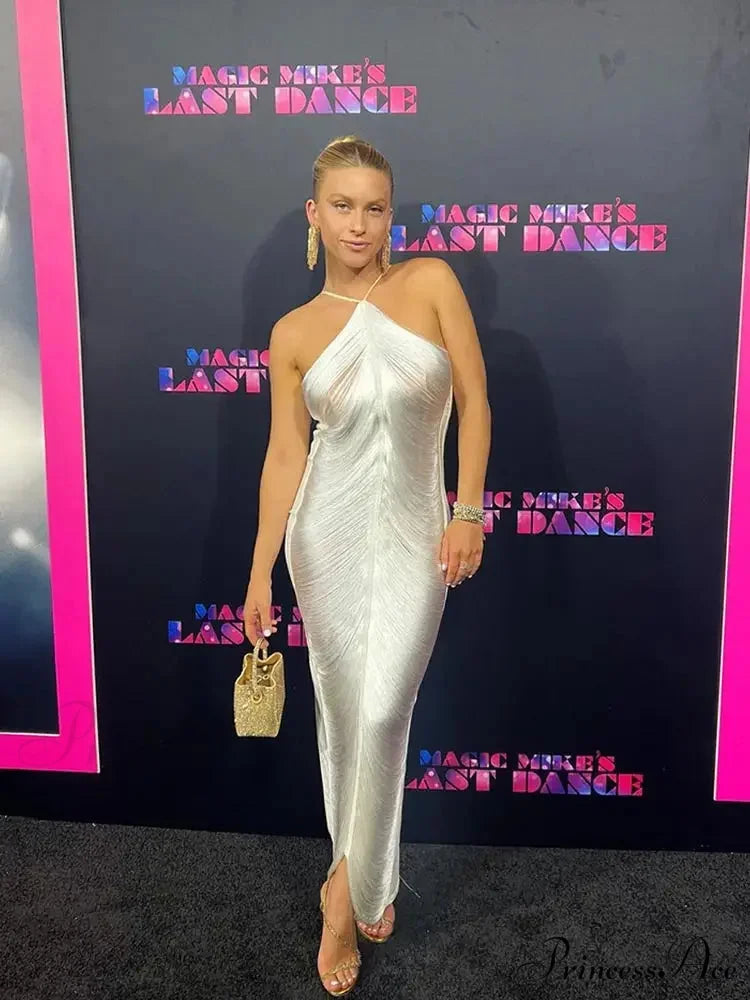 Tassel Shinny Halter Off Shoulder Party Dress White / S