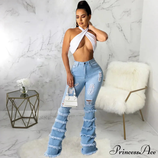 Tassel Thousand Layers Flared Design Light Blue Ripped Fashion Wide Leg Ladies Jean Light blue / S