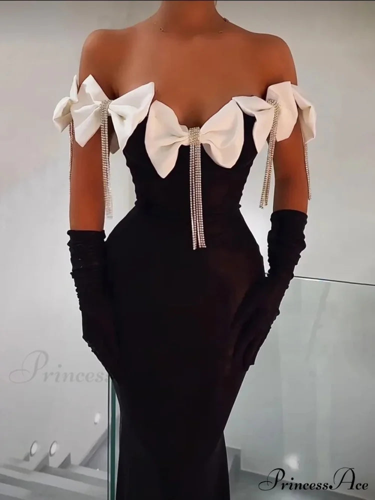 Tassel White Bows Off-The-Shoulder Party Dress Black / XS