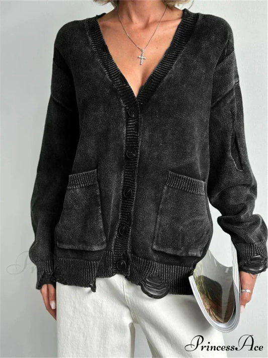 Tattered Button Up Generously Sized Cardigan Black / S cardigans-241228
