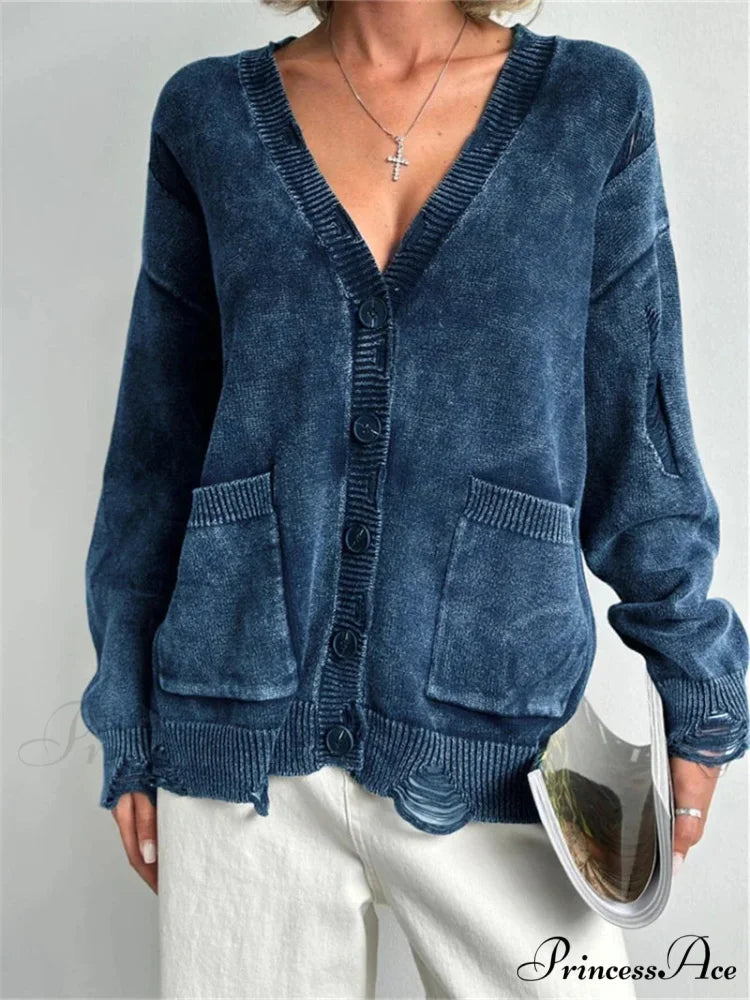 Tattered Button Up Generously Sized Cardigan Blue / S cardigans-241228