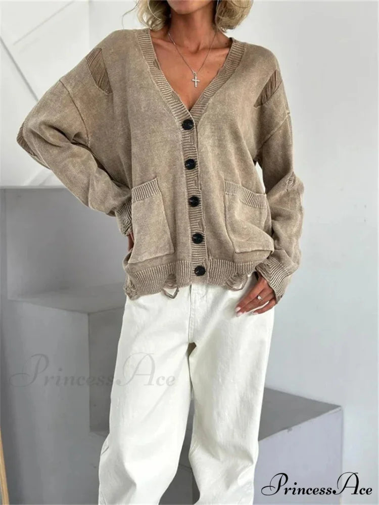 Tattered Button Up Generously Sized Cardigan cardigans-241228