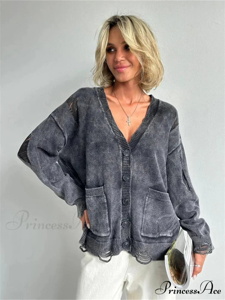 Tattered Button Up Generously Sized Cardigan GRAY / S cardigans-241228