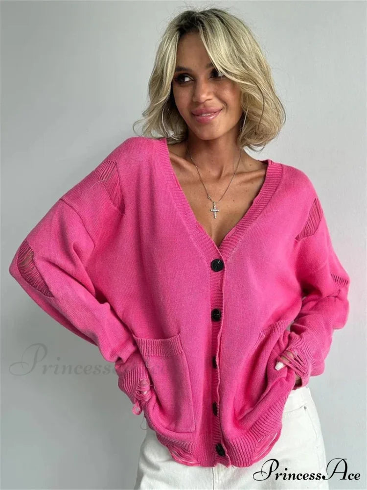 Tattered Button Up Generously Sized Cardigan Rose Red / S cardigans-241228