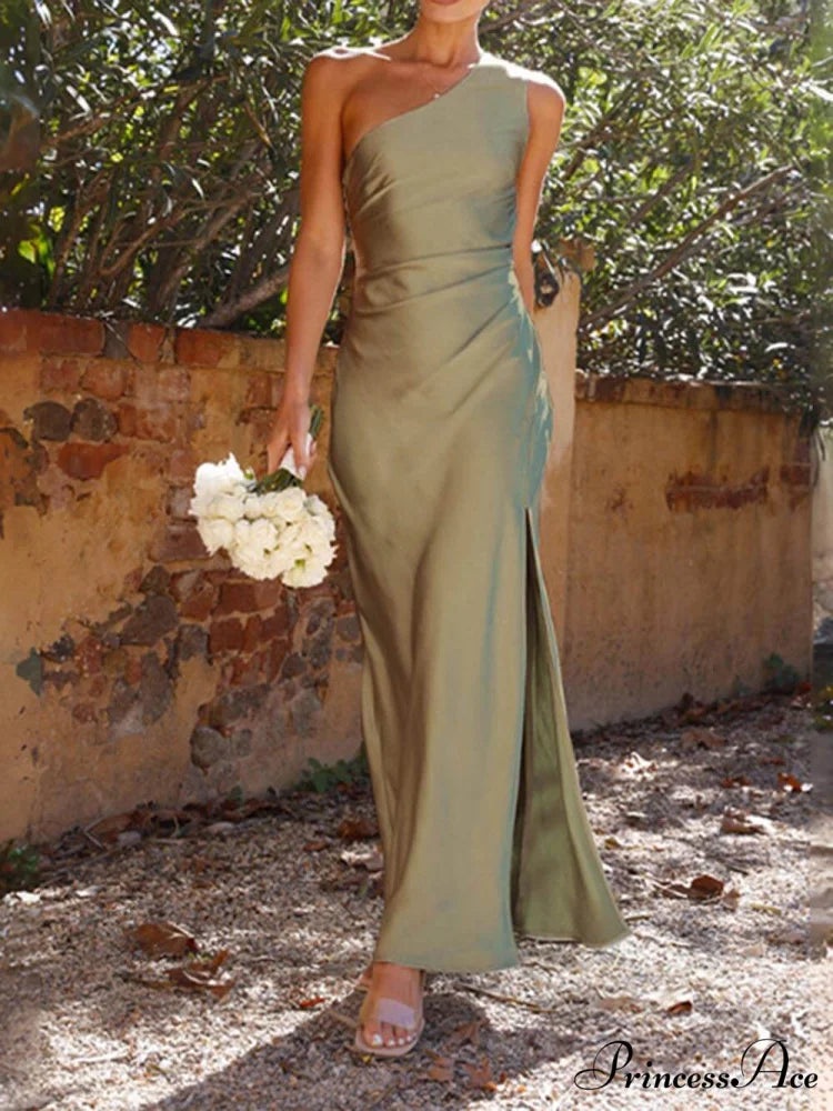 Temperament Slim Fit One Graceful Shoulder Split Satin Dress Green / S