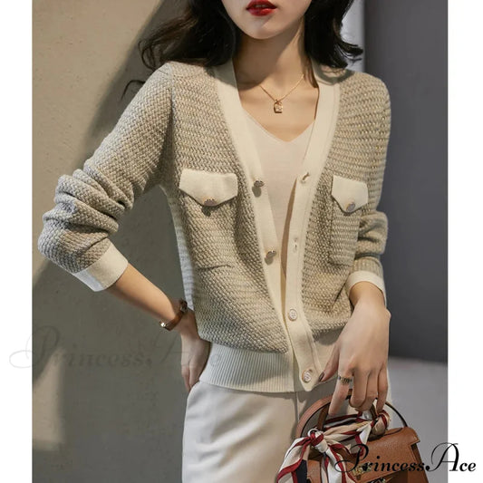 Temperament Small Fragrant Wind Cashmere Loose V-neck Thin Cardigan Beige / S