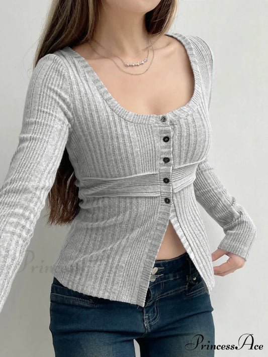 Tender Firm Divided Square Neckline Extended Sleeve Knit Top knittop-250126