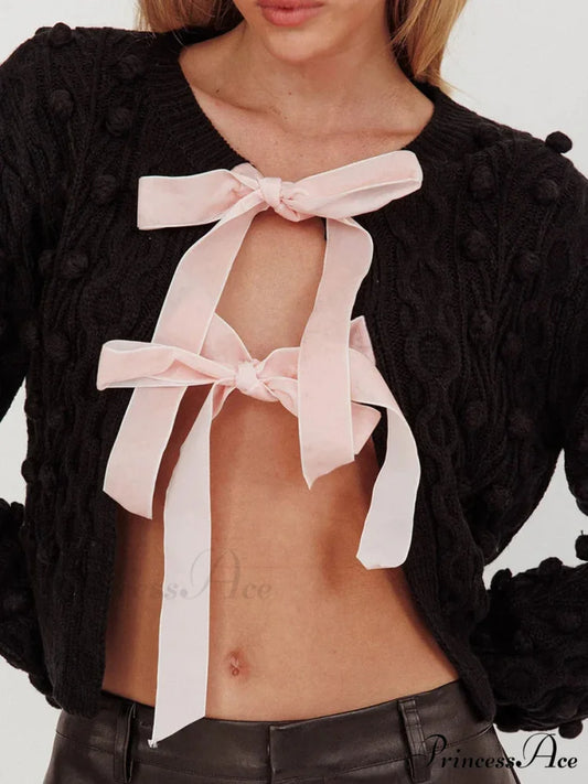 Textured Bow Tie Twisted Knit Cardigan black / S cardigans-241228