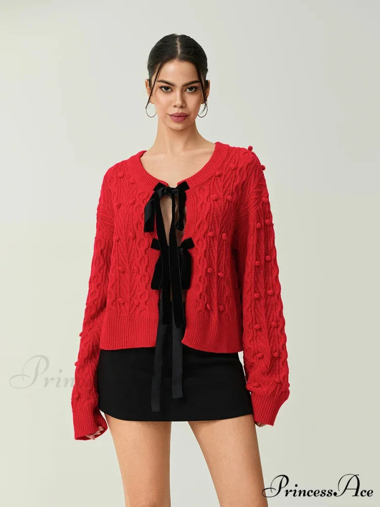 Textured Bow Tie Twisted Knit Cardigan cardigans-241228