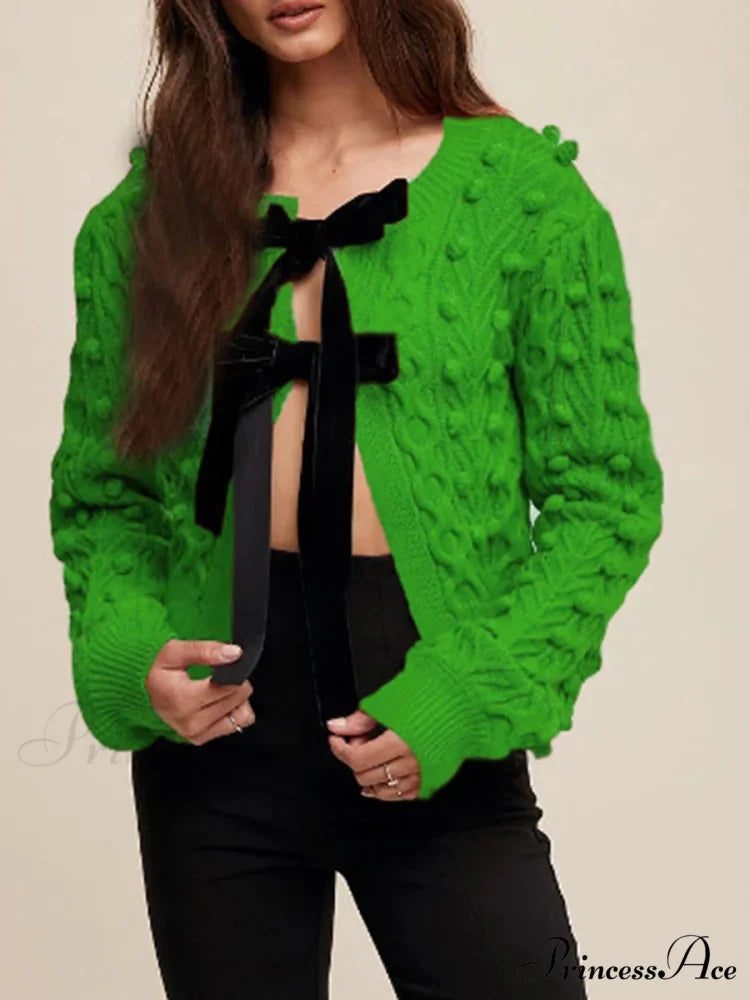 Textured Bow Tie Twisted Knit Cardigan green / S cardigans-241228