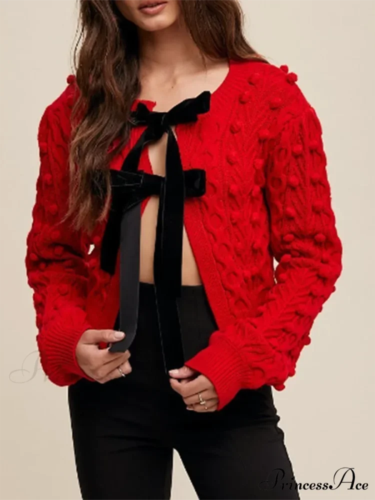 Textured Bow Tie Twisted Knit Cardigan red / S cardigans-241228
