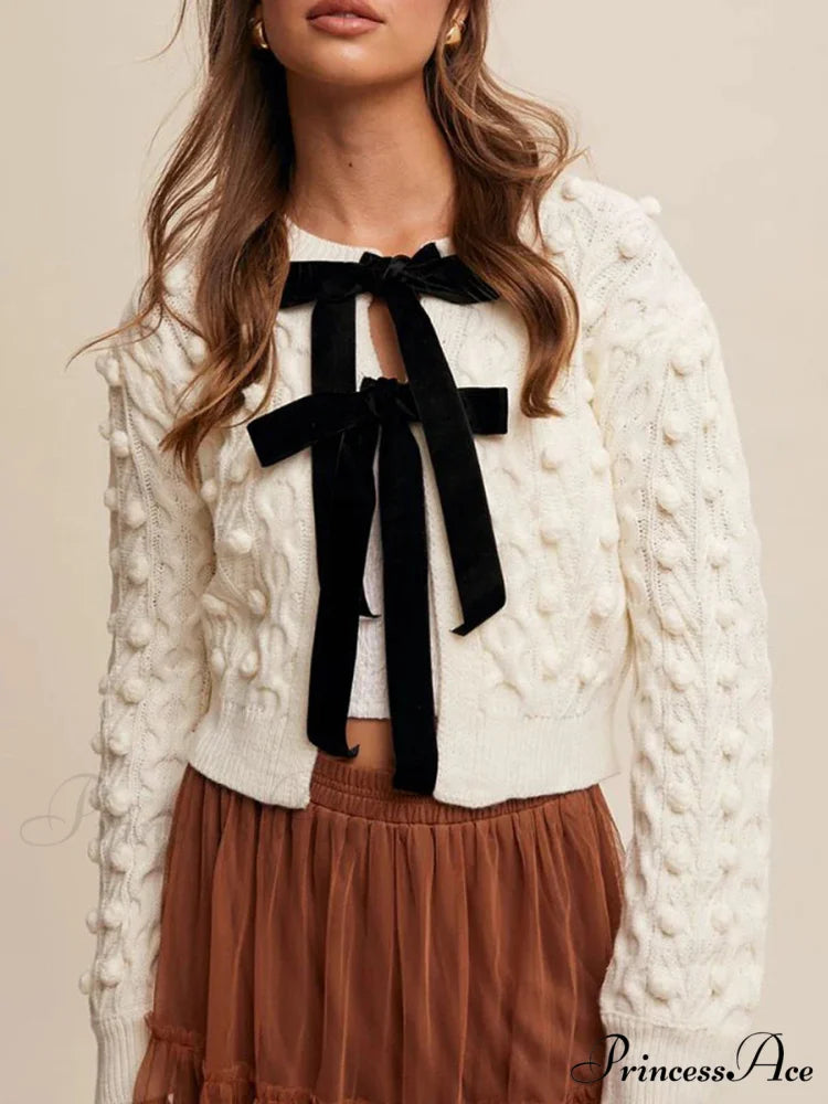 Textured Bow Tie Twisted Knit Cardigan white / S cardigans-241228