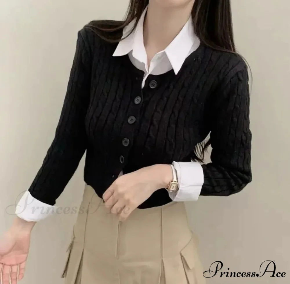 Textured Cable Knit Trim Fit Button-Up Cropped Cardigan Black / One Size cardiagn-250126