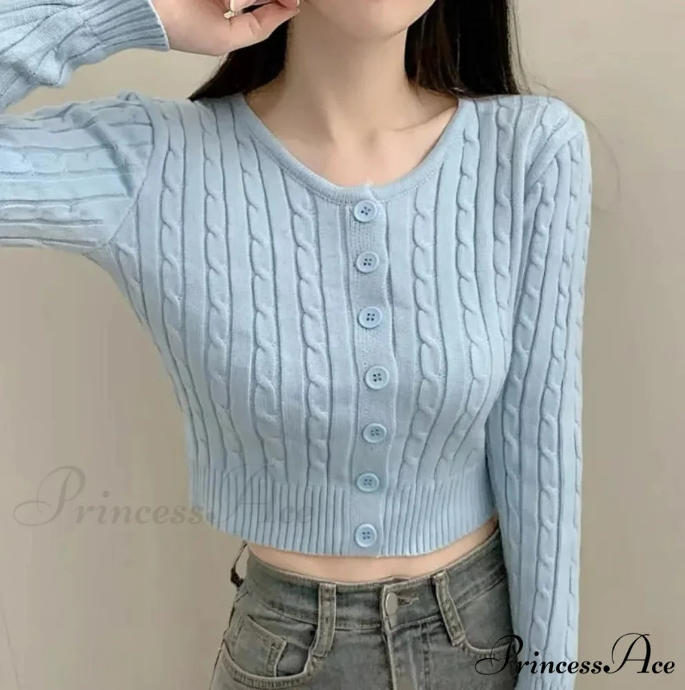 Textured Cable Knit Trim Fit Button-Up Cropped Cardigan Blue / One Size cardiagn-250126