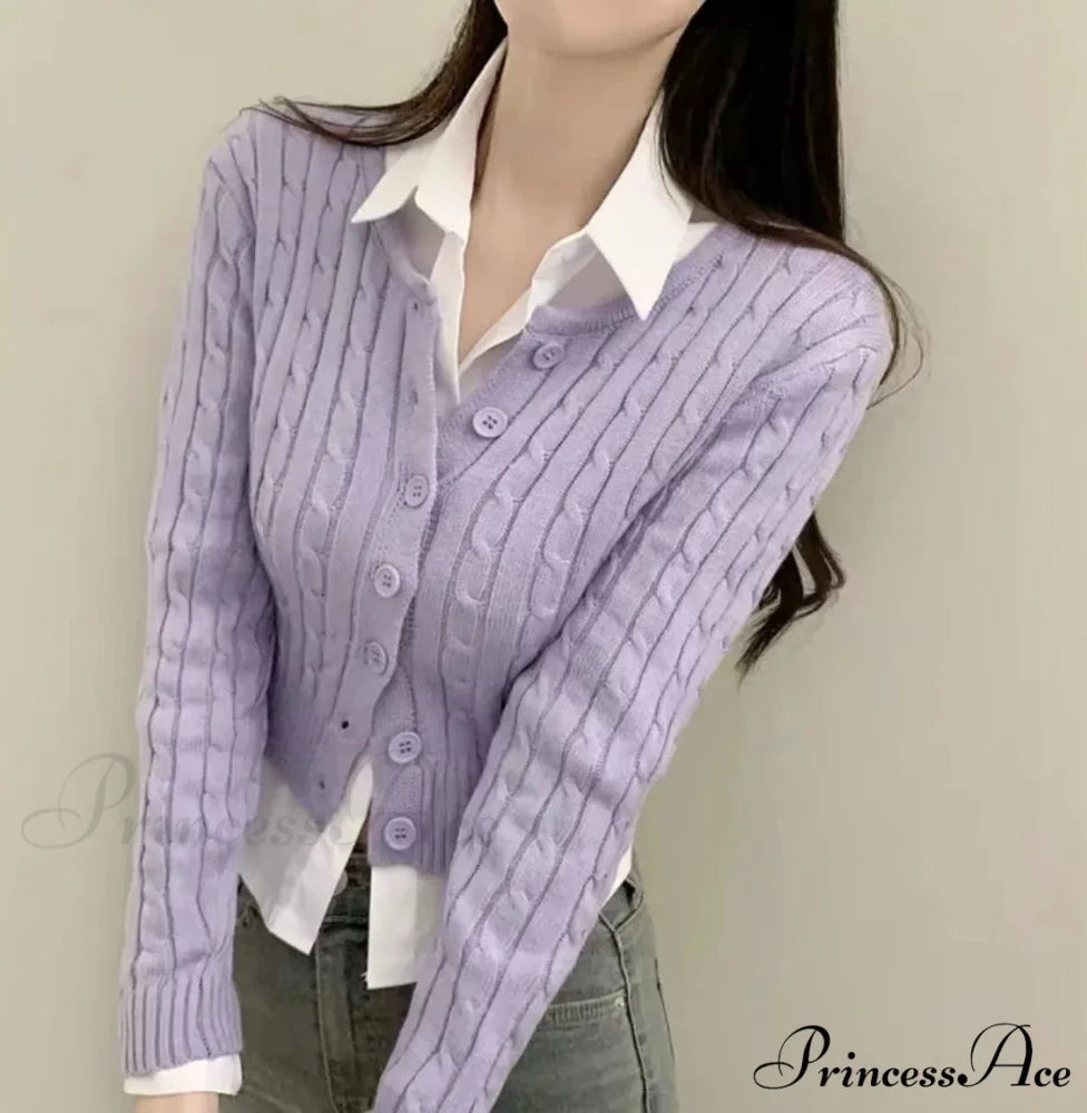 Textured Cable Knit Trim Fit Button-Up Cropped Cardigan PURPLE / One Size cardiagn-250126