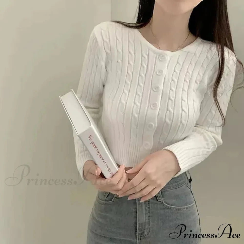 Textured Cable Knit Trim Fit Button-Up Cropped Cardigan WHITE / One Size cardiagn-250126