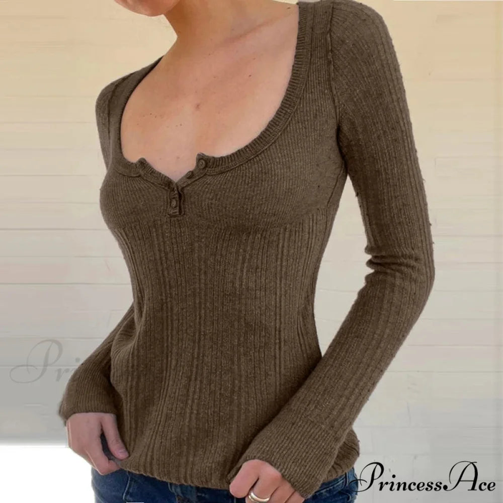 Textured Knit Trim Fit Button Front Extended Sleeve Sweater Women Dark Brown / S knittop-250126
