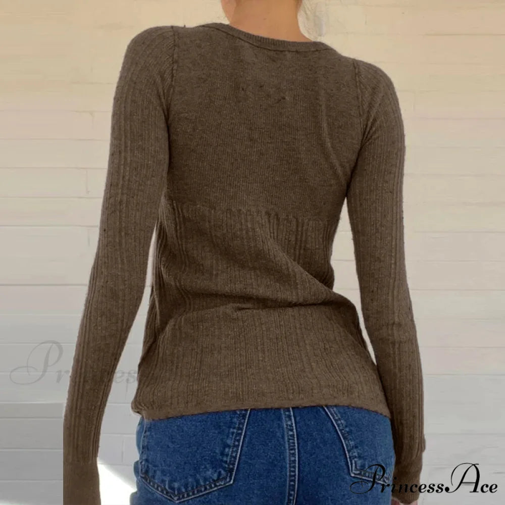 Textured Knit Trim Fit Button Front Extended Sleeve Sweater Women knittop-250126