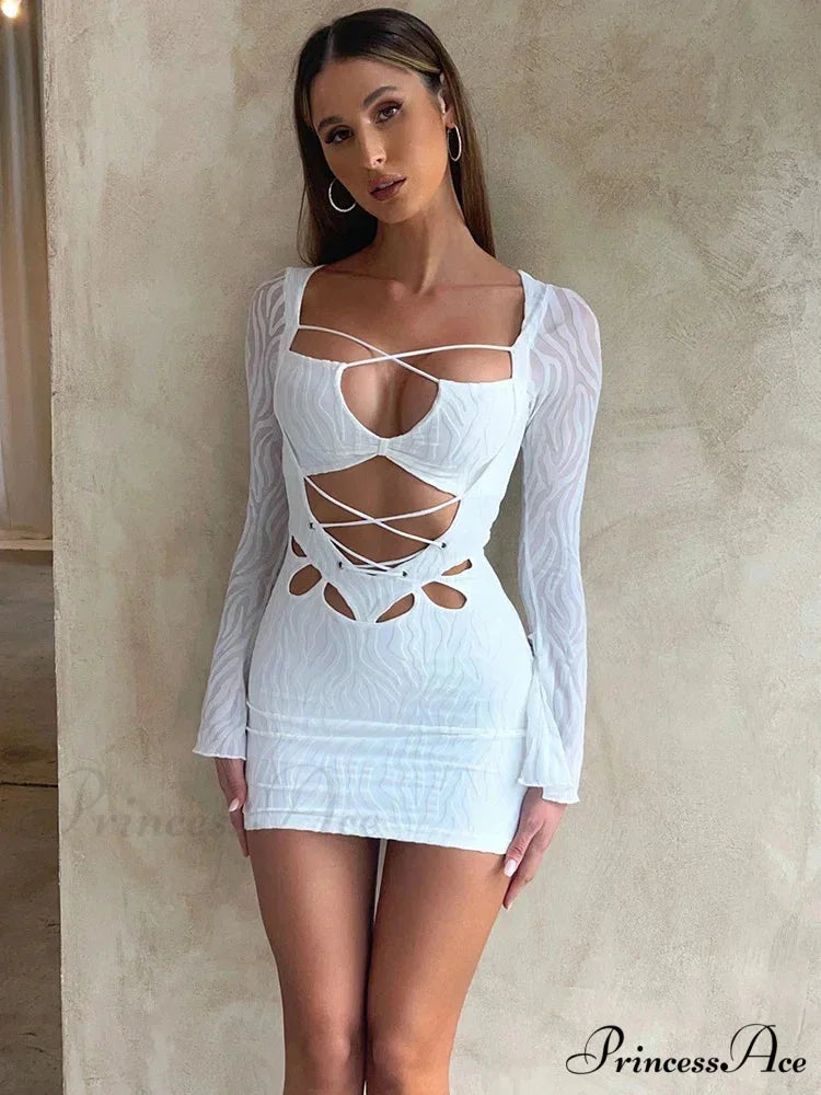 Textured Lace Up Bandage Long Sleeve Bodycon Streetwear Mini Dress WHITE / S