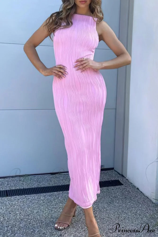 Textured Pack Hip Cami Dress with Pleated Detail Pink / S