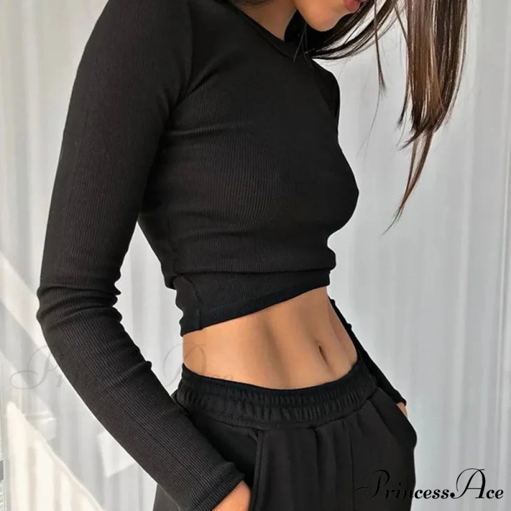 Textured Seductive Cropped Trim Fit Extended Sleeve Knit Top Black / S knittop-250126
