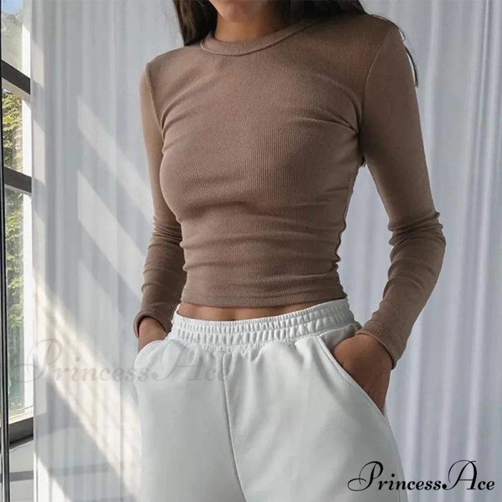 Textured Seductive Cropped Trim Fit Extended Sleeve Knit Top Brown / S knittop-250126