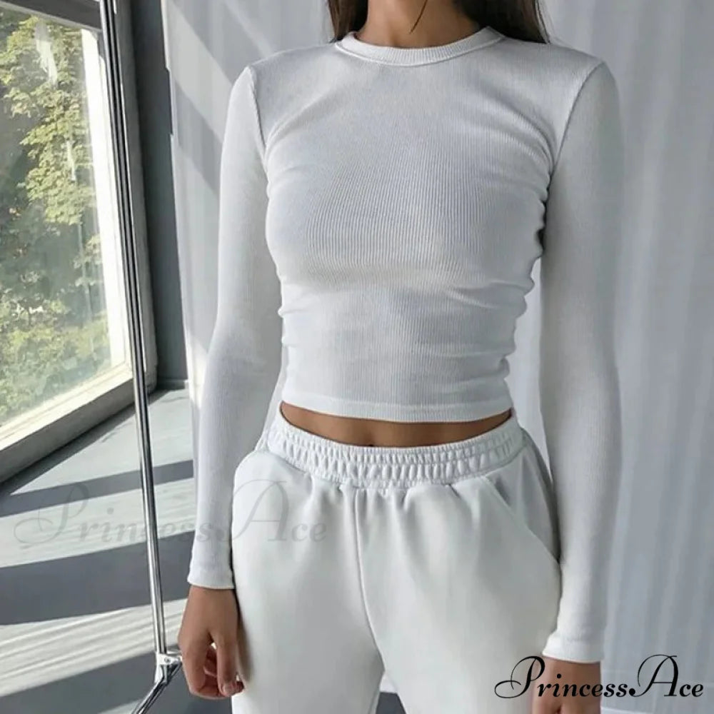 Textured Seductive Cropped Trim Fit Extended Sleeve Knit Top WHITE / S knittop-250126