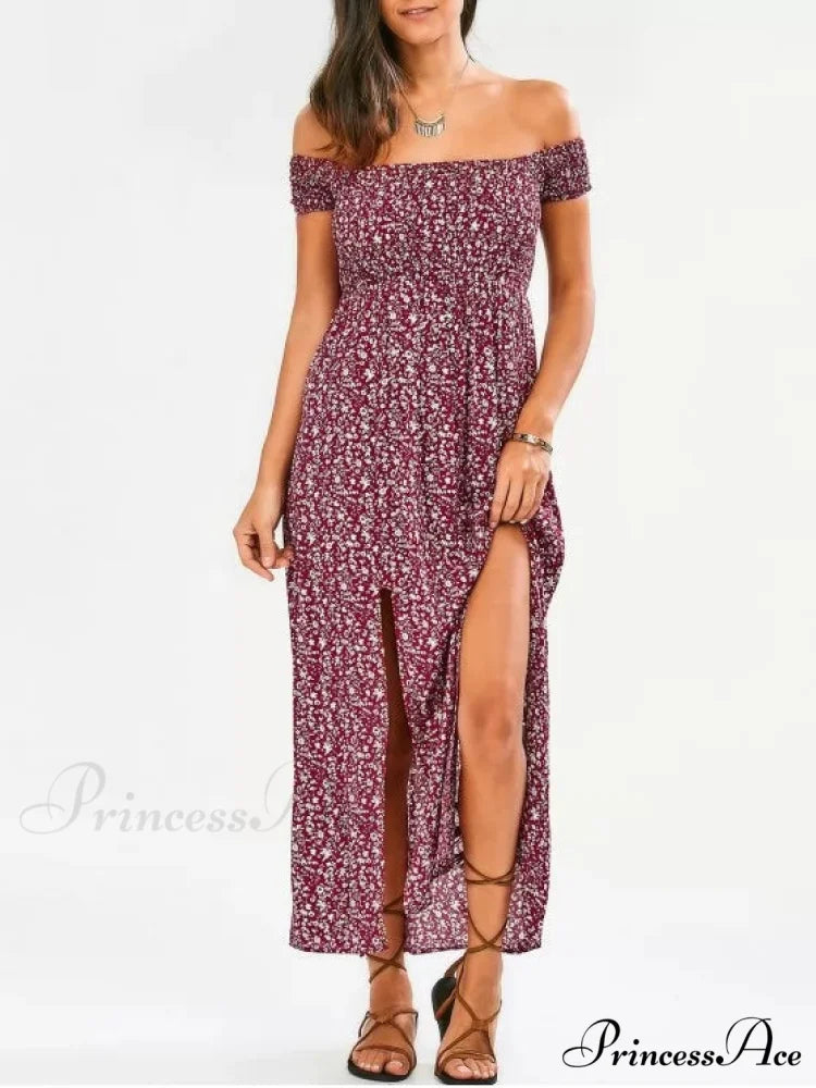 The Flowered Off Shoulder Tiny Slit Dress