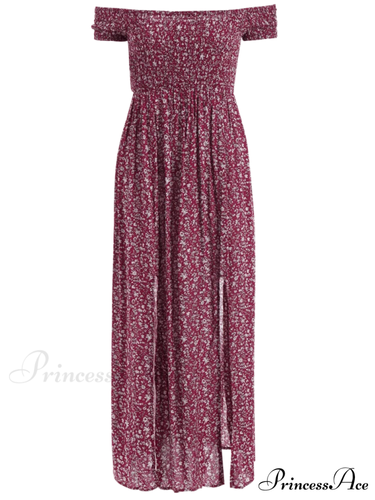 The Flowered Off Shoulder Tiny Slit Dress