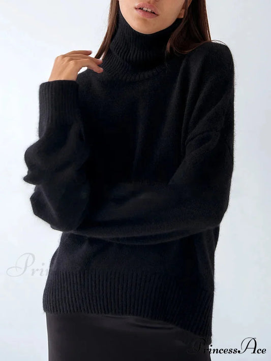 Thick Cozy Oversize Warm White High Neck Knitted Casual Comfortable Sweater Black / S