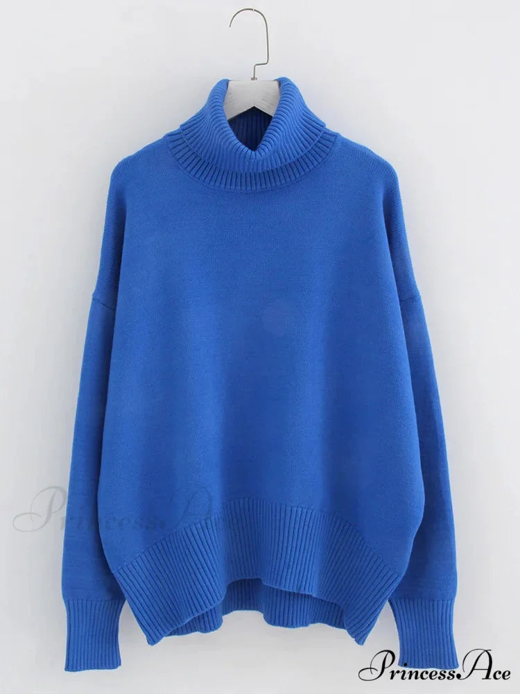 Thick Cozy Oversize Warm White High Neck Knitted Casual Comfortable Sweater Blue / S