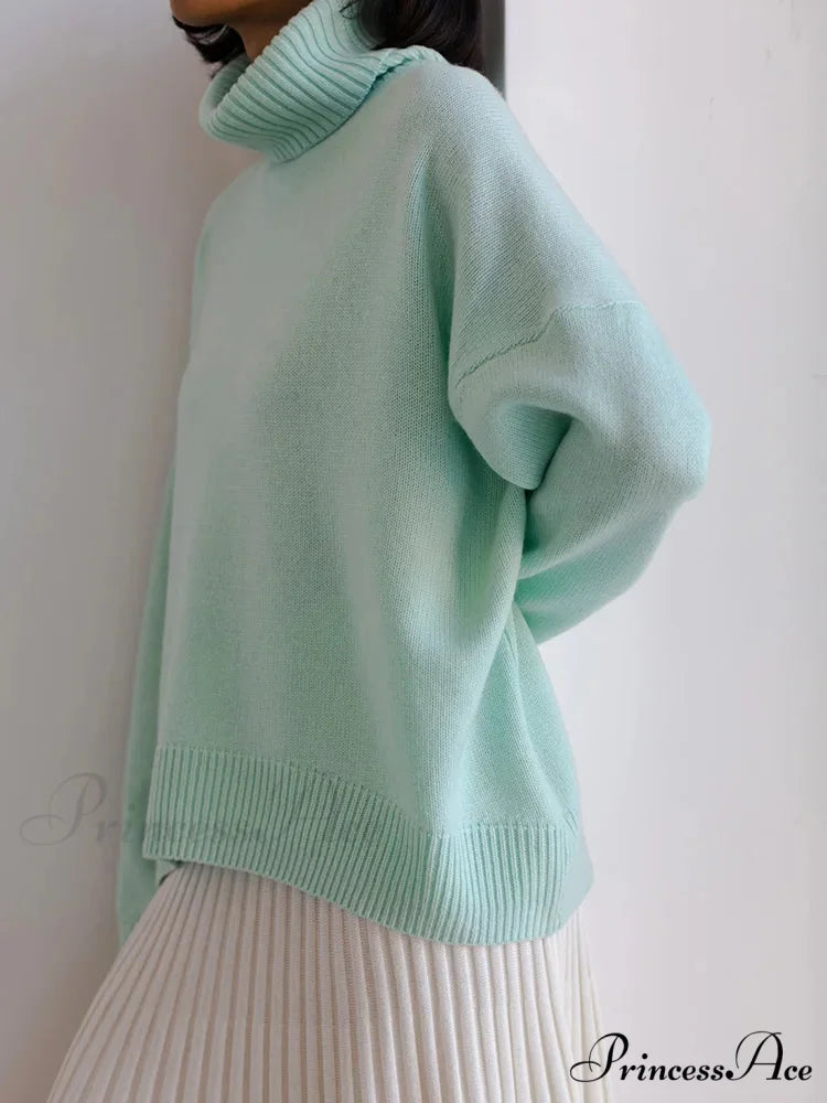 Thick Cozy Oversize Warm White High Neck Knitted Casual Comfortable Sweater GREEN / S