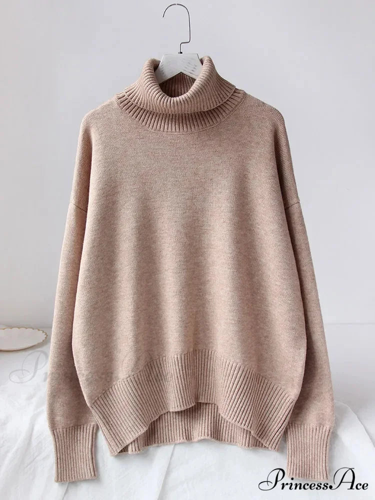 Thick Cozy Oversize Warm White High Neck Knitted Casual Comfortable Sweater Khaki / S